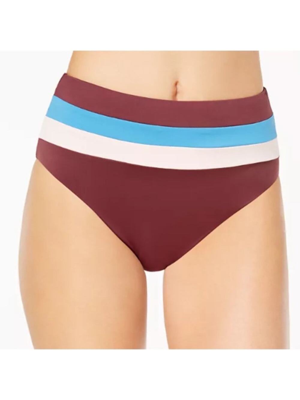 NEW Bar III Colorblock High waist Bikini Bottoms Size Large Maroon Blue Stripe